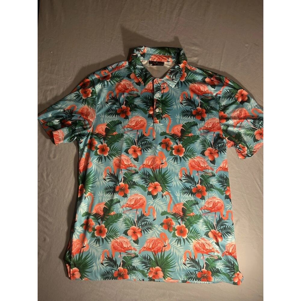 Yatta Golf Polo Shirt Mens Large Blue Pink Flamingo Floral Palm Print Hawaiian